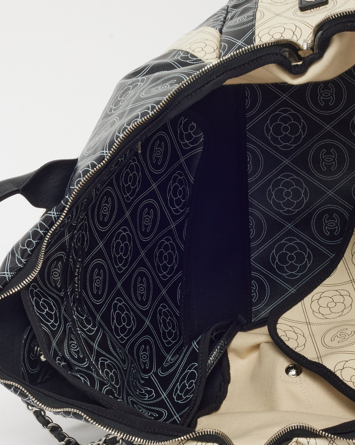 Chanel Black and White Cameillia Logo Coated Canvas Large Bowling Chain Duffle Bag