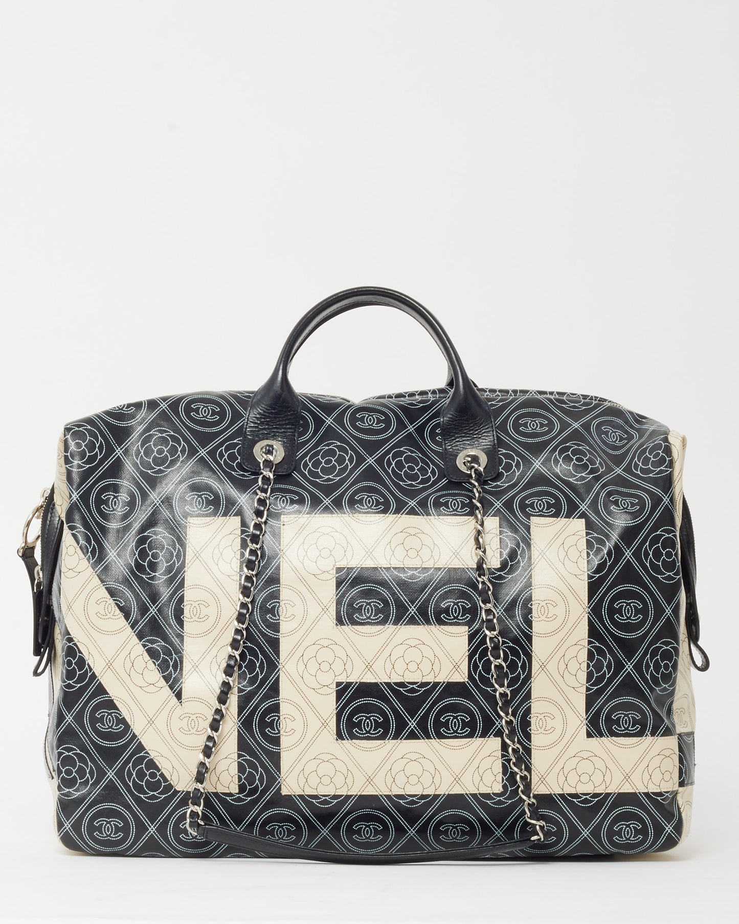 Chanel Black and White Cameillia Logo Coated Canvas Large Bowling Chain Duffle Bag