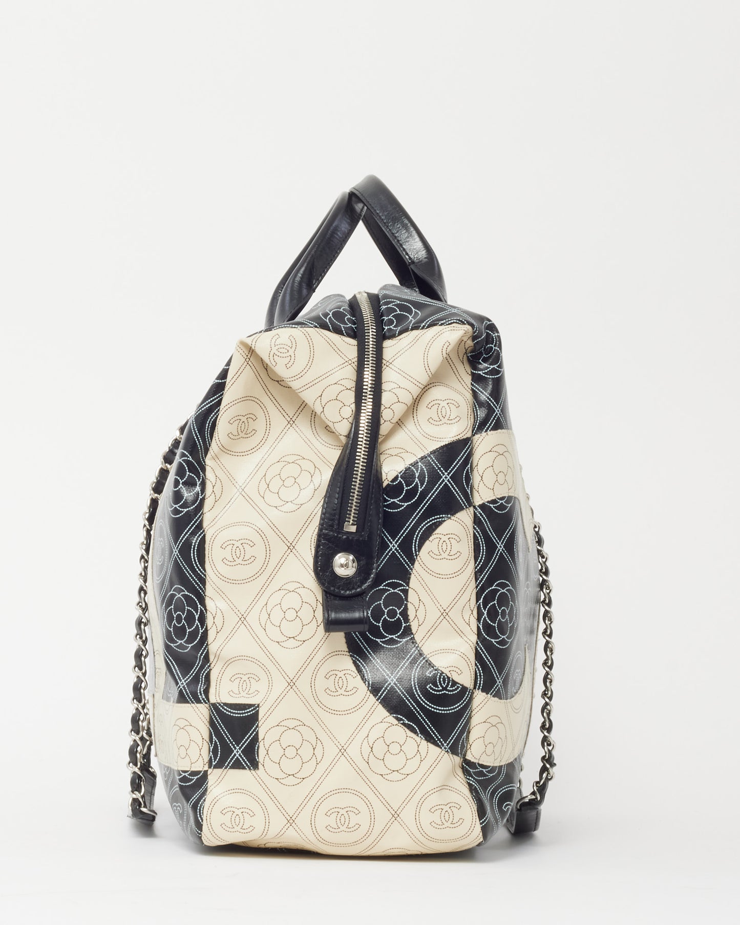 Chanel Black and White Cameillia Logo Coated Canvas Large Bowling Chain Duffle Bag