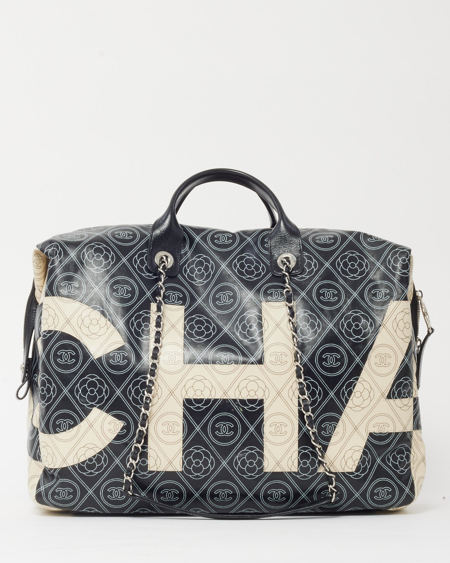 Chanel Black and White Cameillia Logo Coated Canvas Large Bowling Chain Duffle Bag