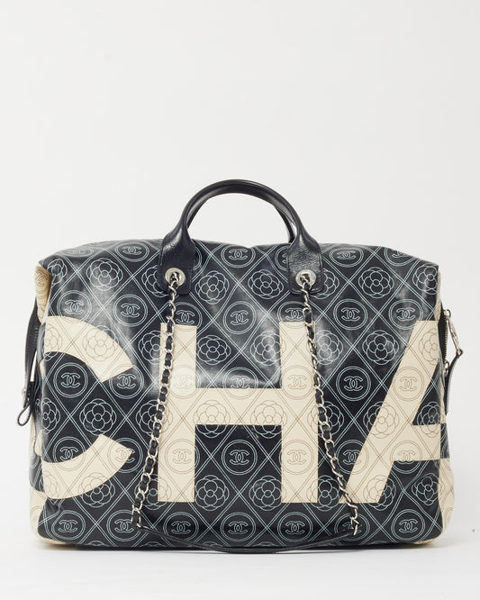 Chanel Black and White Cameillia Logo Coated Canvas Large Bowling Chain Duffle Bag