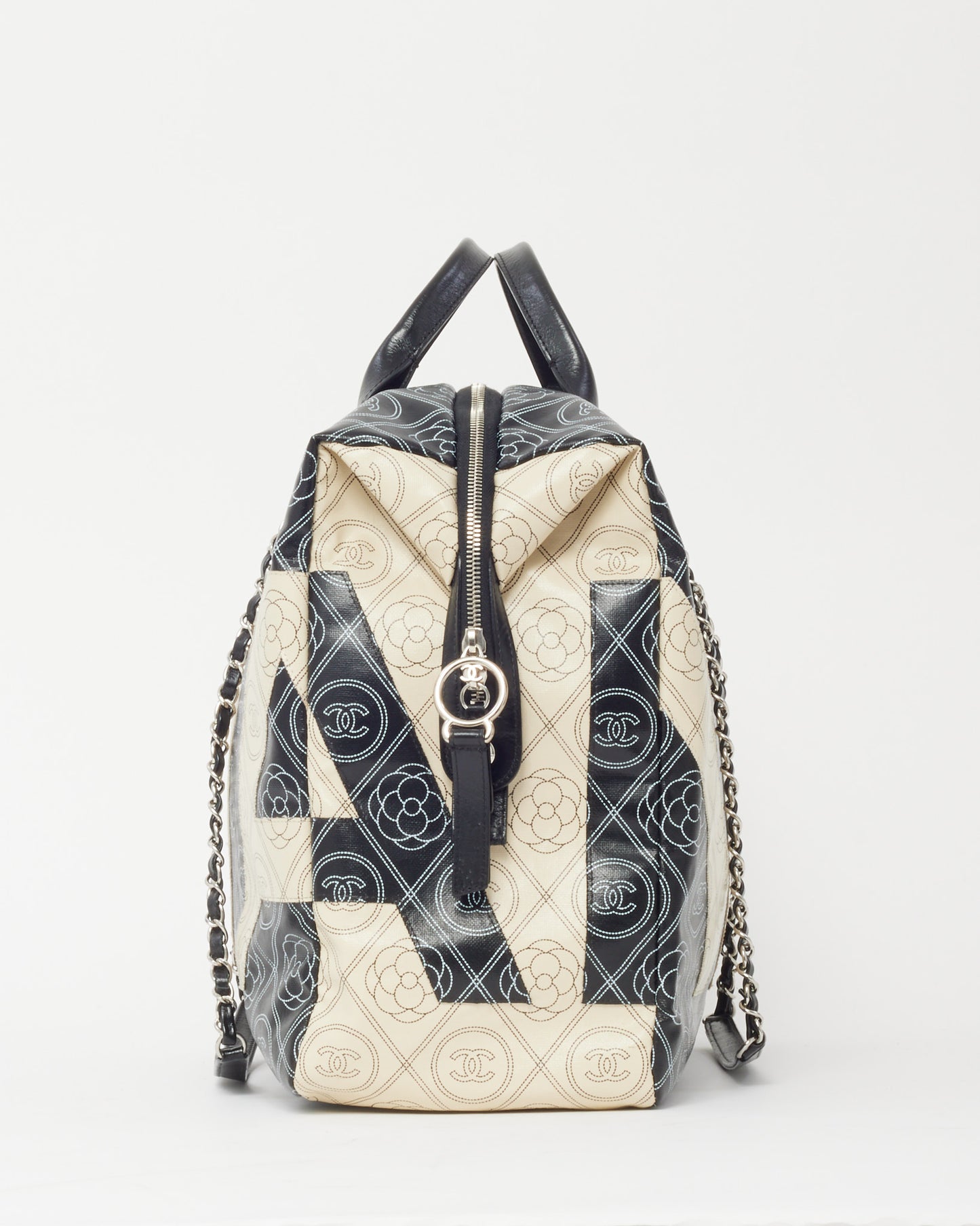 Chanel Black and White Cameillia Logo Coated Canvas Large Bowling Chain Duffle Bag