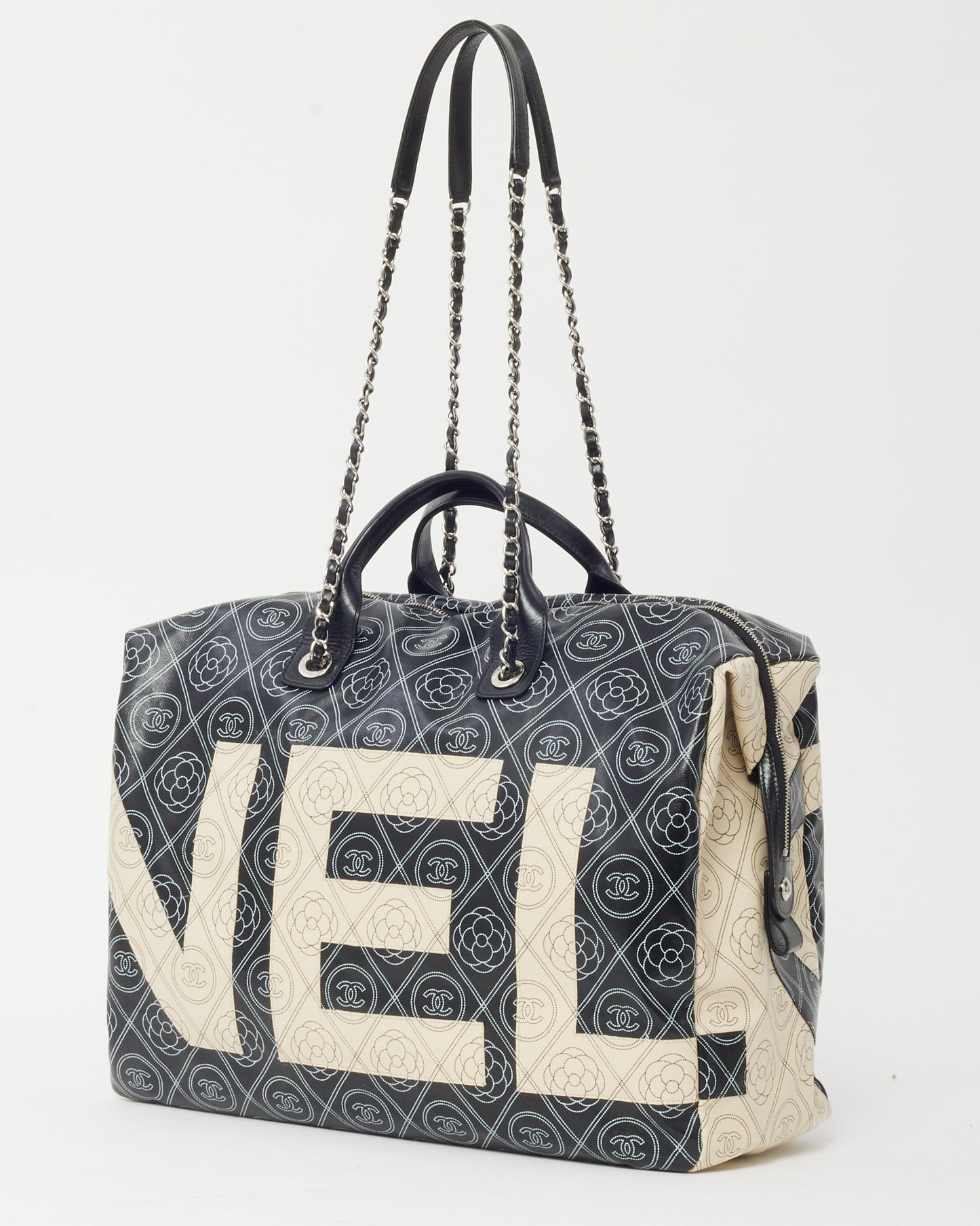 Chanel Black and White Cameillia Logo Coated Canvas Large Bowling Chain Duffle Bag