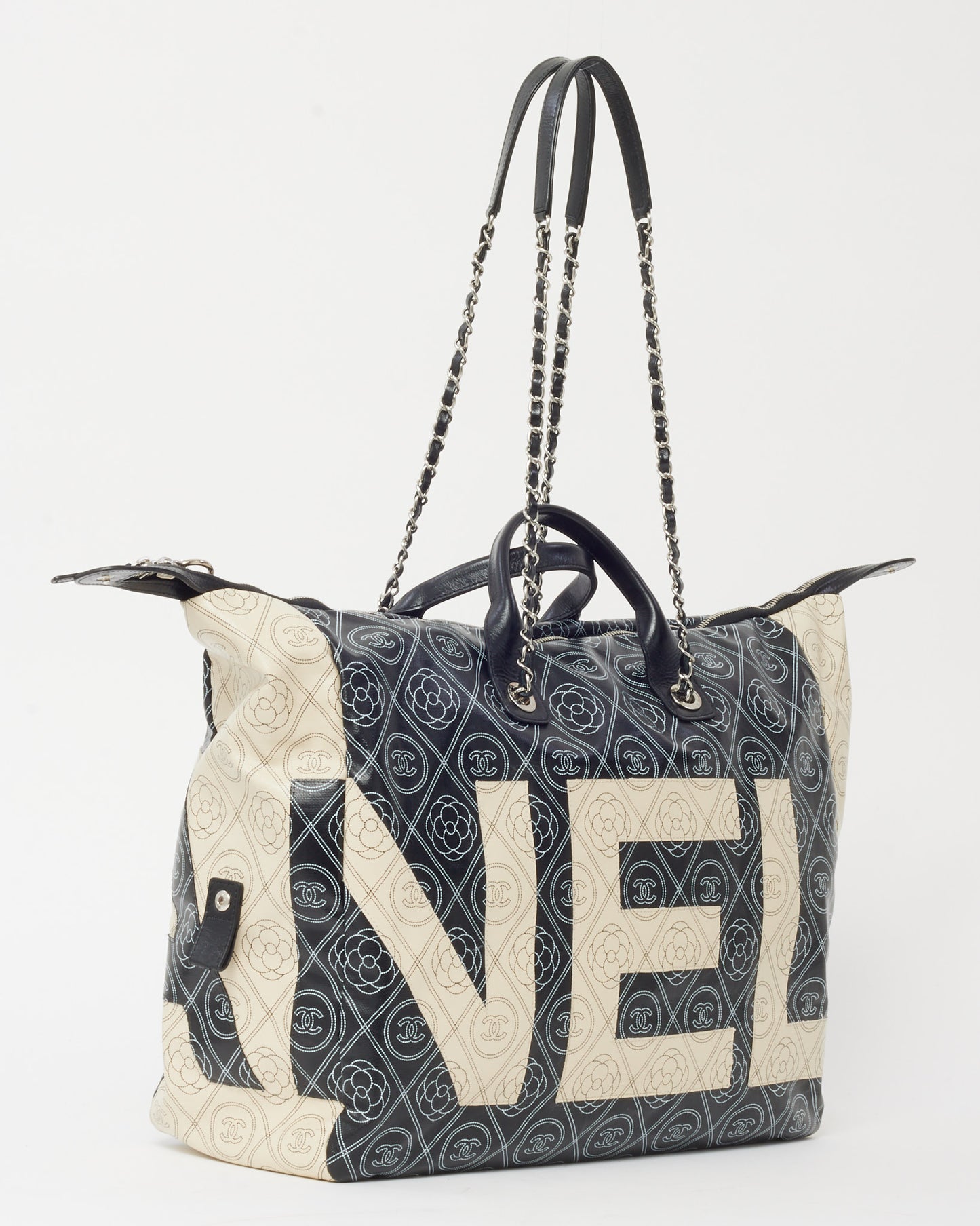 Chanel Black and White Cameillia Logo Coated Canvas Large Bowling Chain Duffle Bag