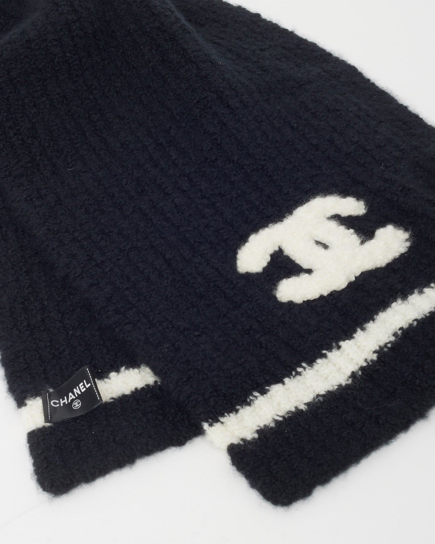 Chanel Black and White Cashmere Wool CC Logo Scarf