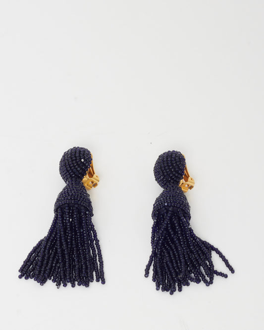 Oscar de la Renta Black Beaded Clip-On Chandelier Earrings