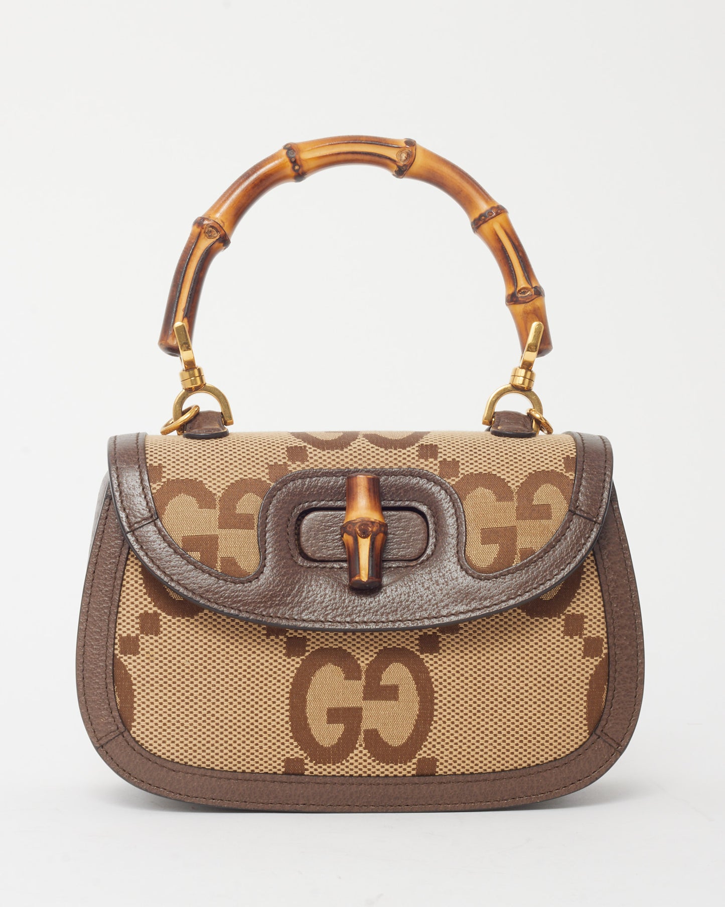 Gucci Beige Jumbo GG Canvas Mini Bamboo Top Handle Bag W/ Web Strap