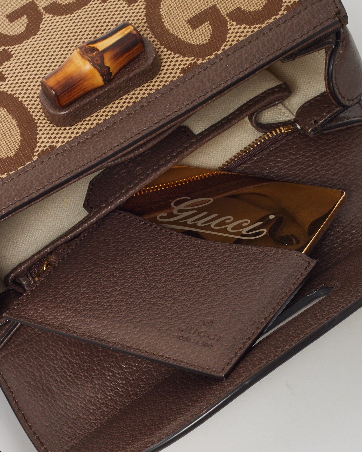 Gucci Beige Jumbo GG Canvas Mini Bamboo Top Handle Bag W/ Web Strap