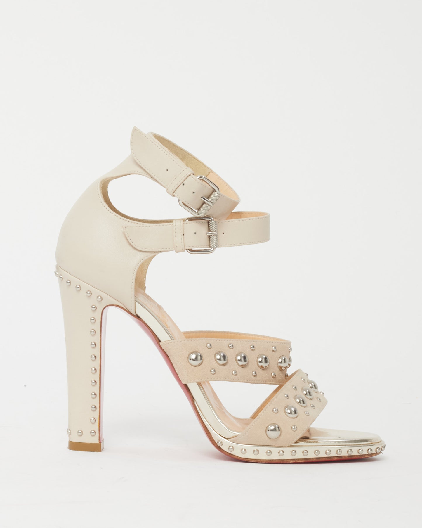 Christian Louboutin Beige Leather and Suede Decodeme Studded 120mm Platform Sandals - 37
