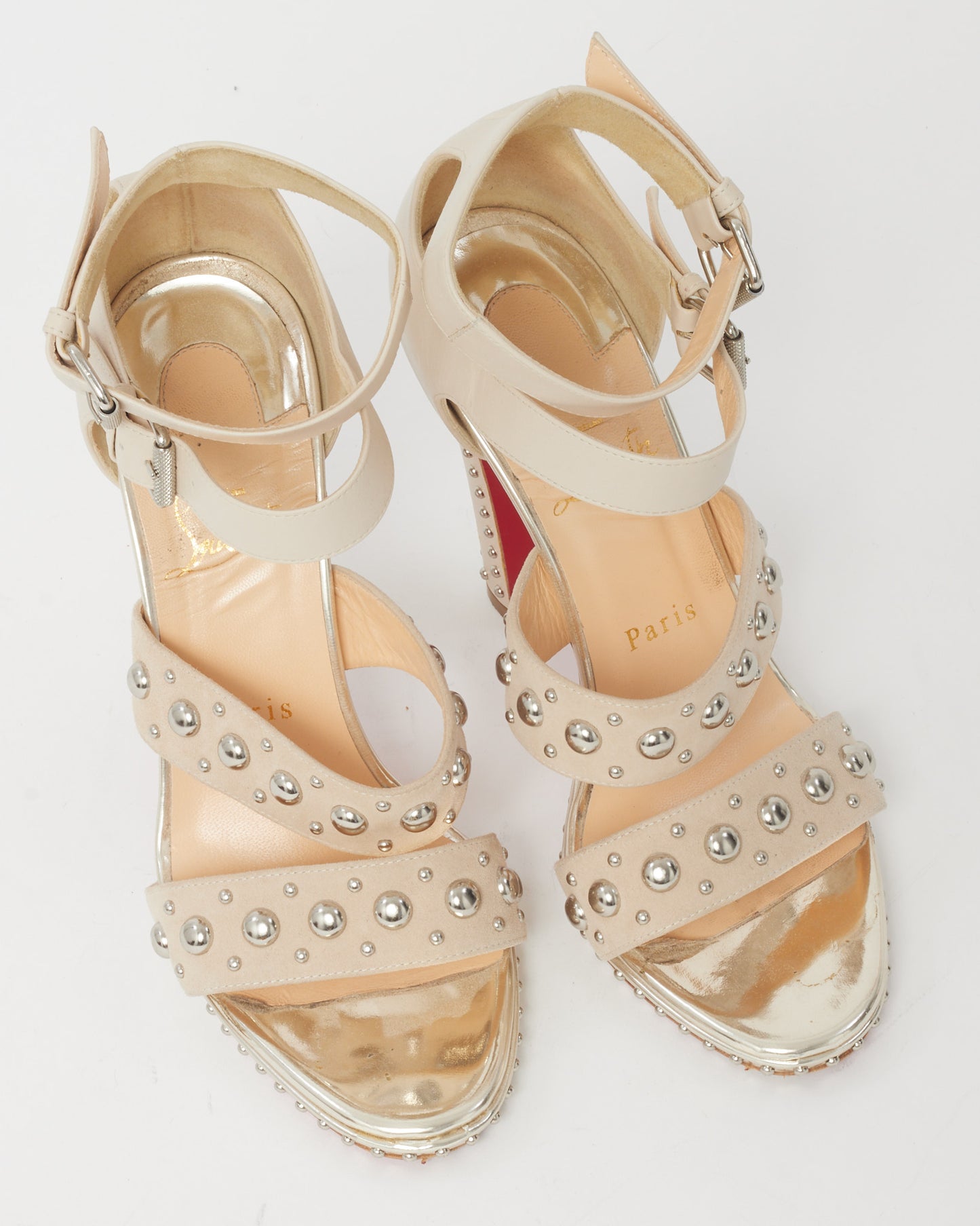 Christian Louboutin Beige Leather and Suede Decodeme Studded 120mm Platform Sandals - 37