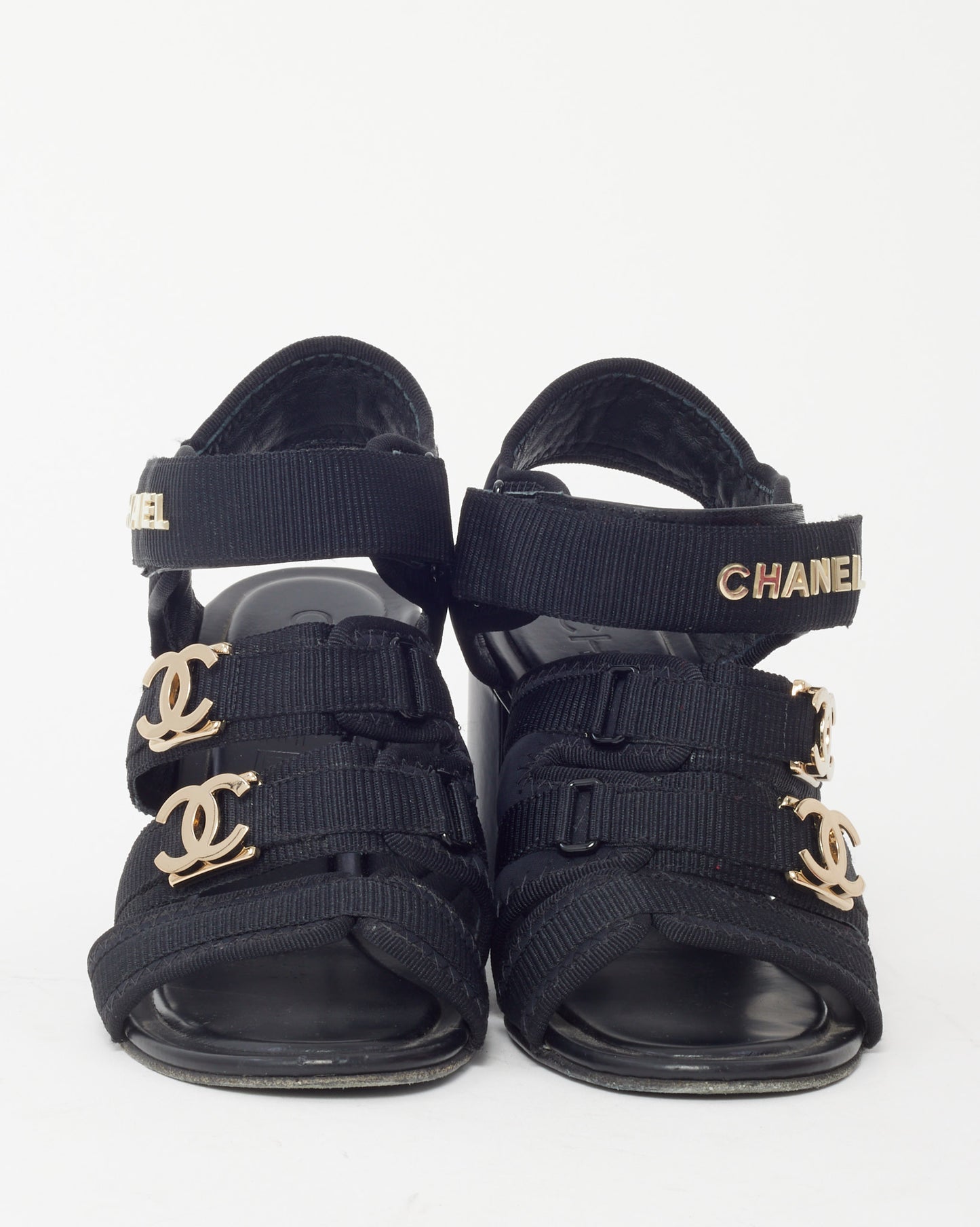 Chanel 23P Black Canvas GHW Logo Strappy Block Heel Sandals - 36