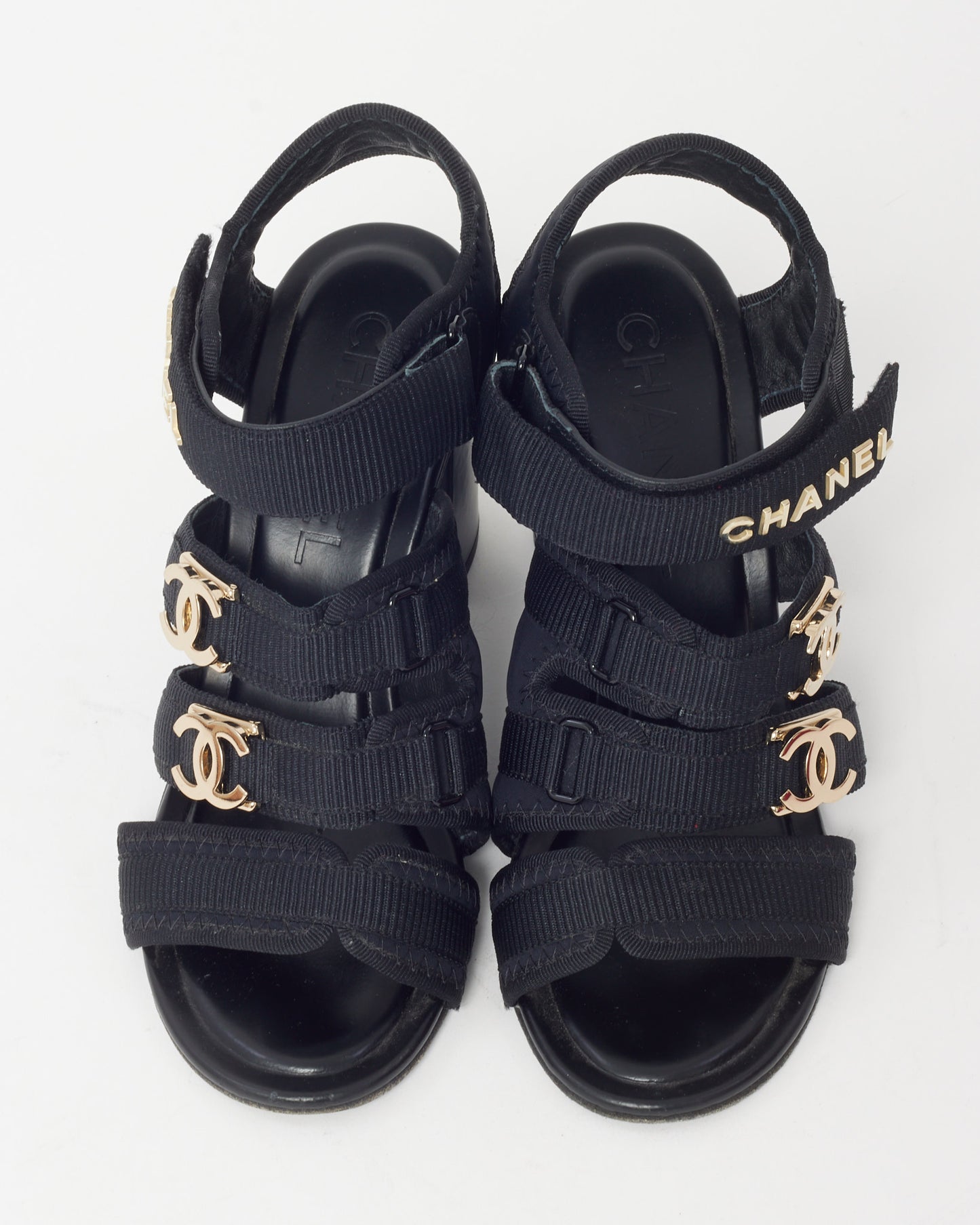 Chanel 23P Black Canvas GHW Logo Strappy Block Heel Sandals - 36