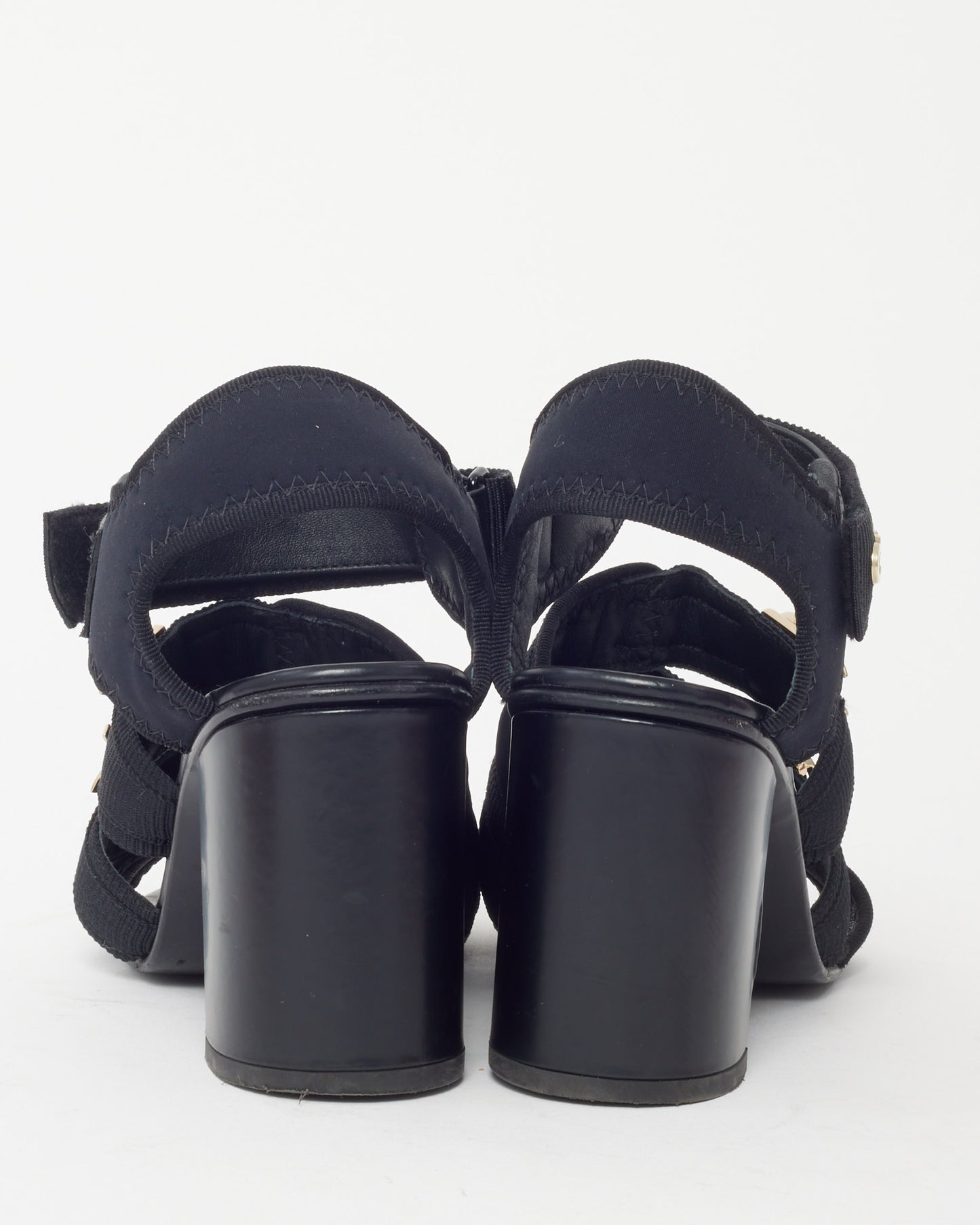 Chanel 23P Black Canvas GHW Logo Strappy Block Heel Sandals - 36