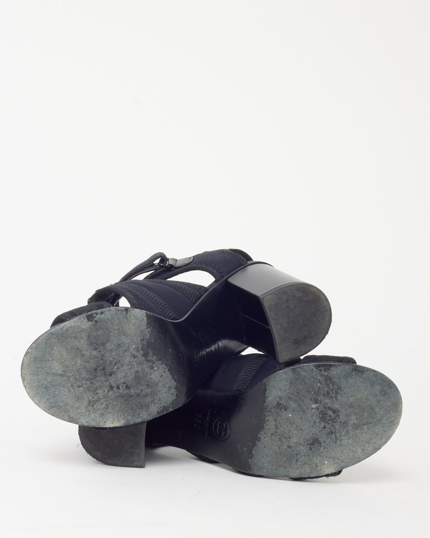 Chanel 23P Black Canvas GHW Logo Strappy Block Heel Sandals - 36