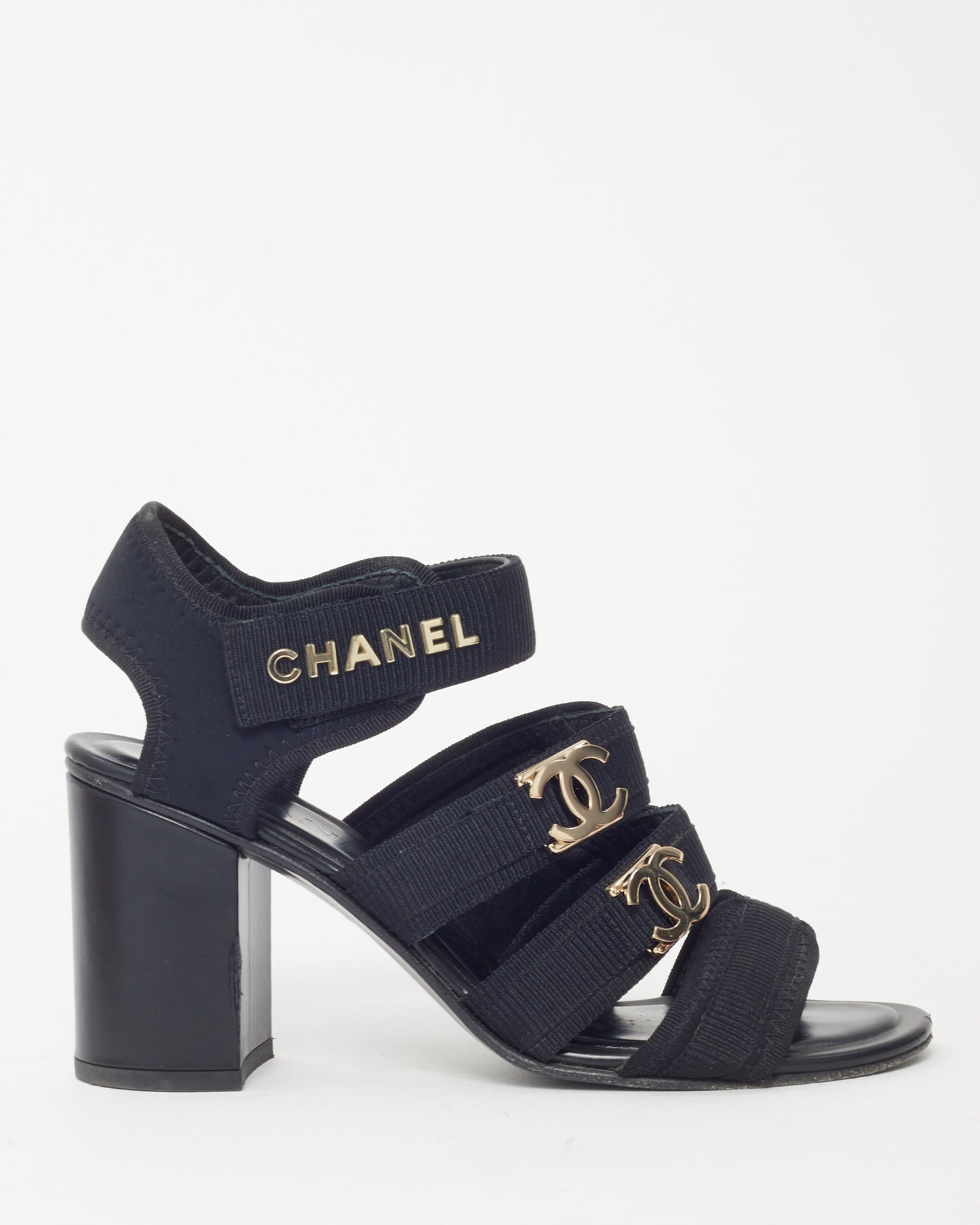 Chanel 23P Black Canvas GHW Logo Strappy Block Heel Sandals - 36