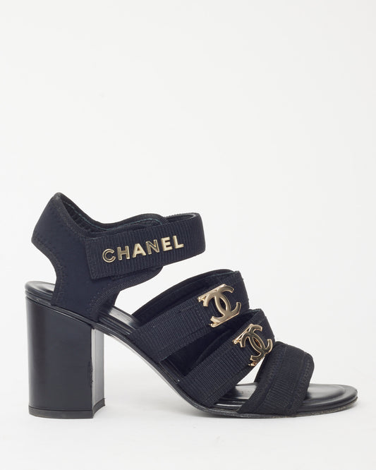 Chanel 23P Black Canvas GHW Logo Strappy Block Heel Sandals - 36