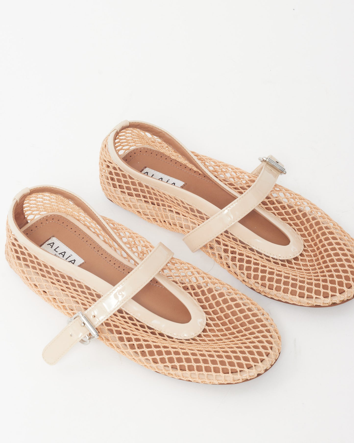 Alaïa Nude Patent Leather Trim and Mesh Fishnet Ballet Flats - 38.5