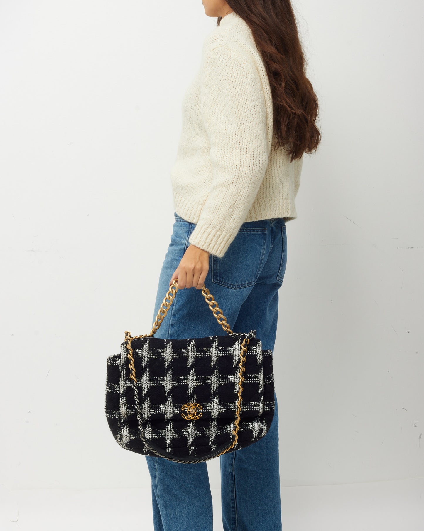 Chanel Black and White Houndstooth Tweed Maxi Chanel 19 Flap Bag