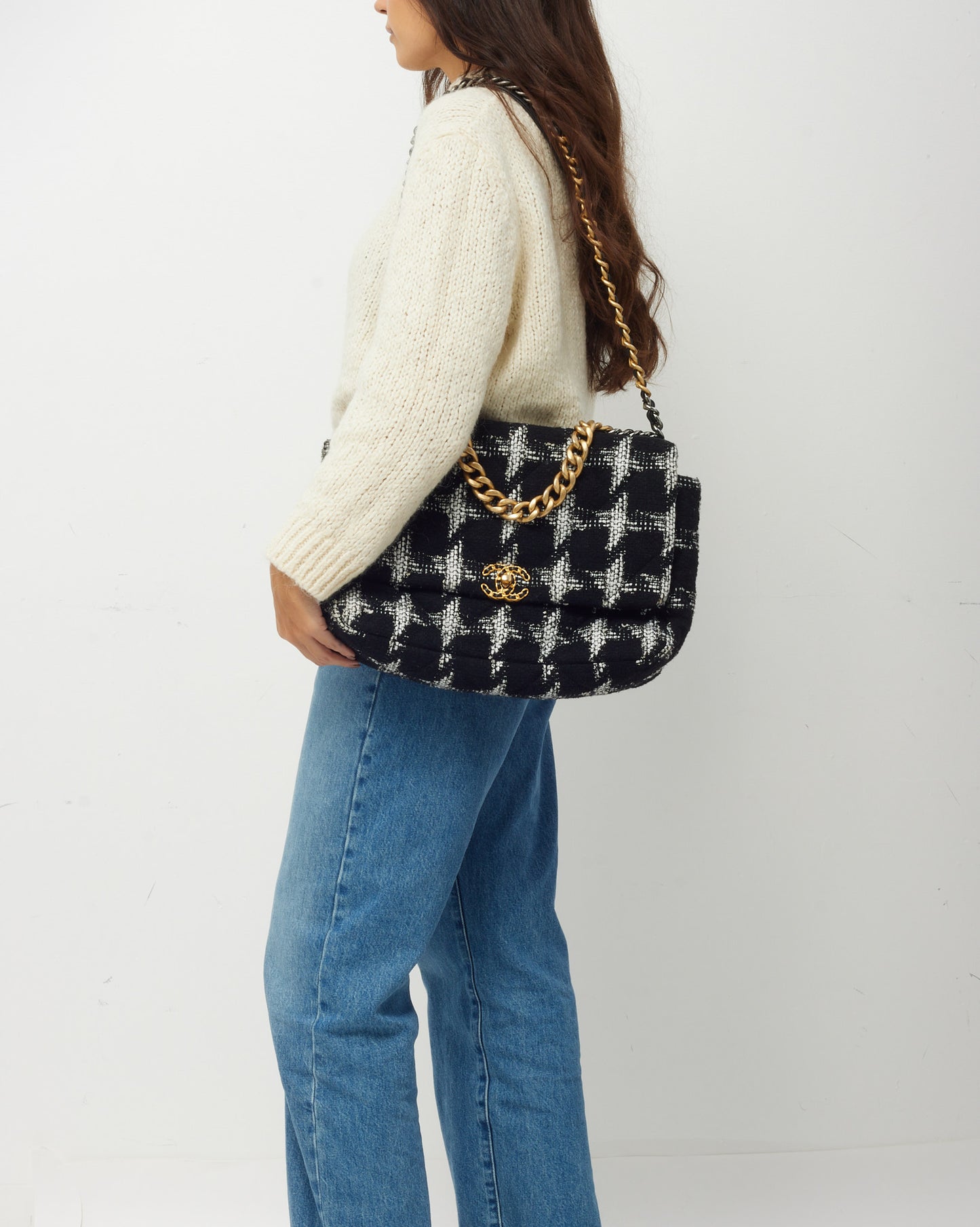 Chanel Black and White Houndstooth Tweed Maxi Chanel 19 Flap Bag