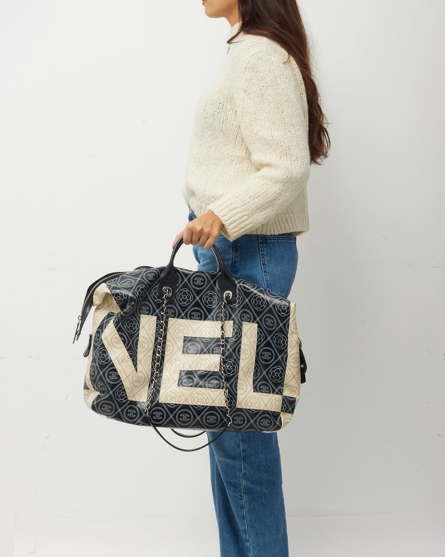 Chanel Black and White Cameillia Logo Coated Canvas Large Bowling Chain Duffle Bag