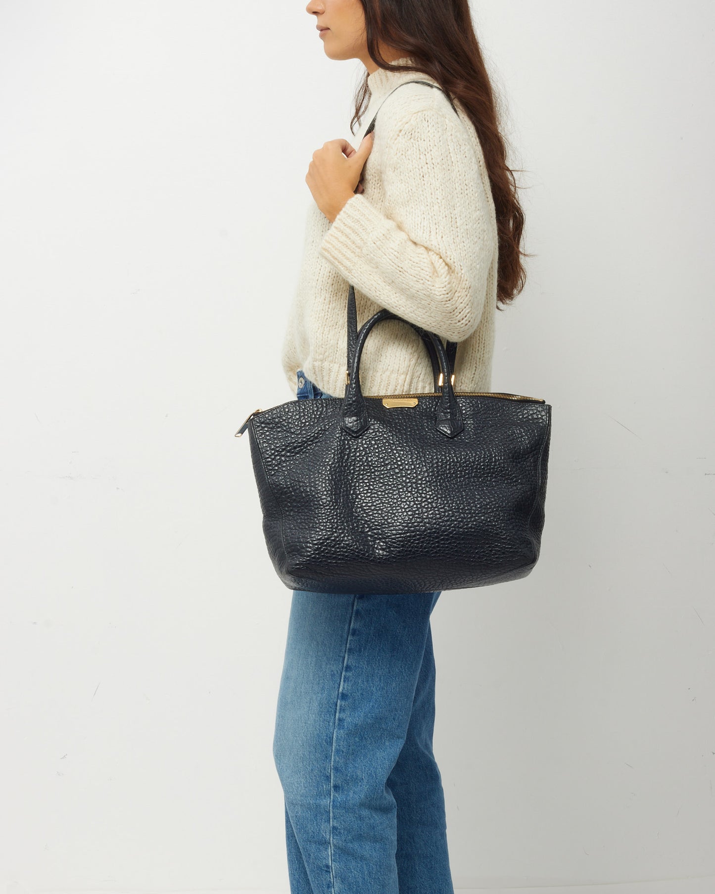 Burberry Black Textured Leather 2Way Top Handle Tote Bag with Strap