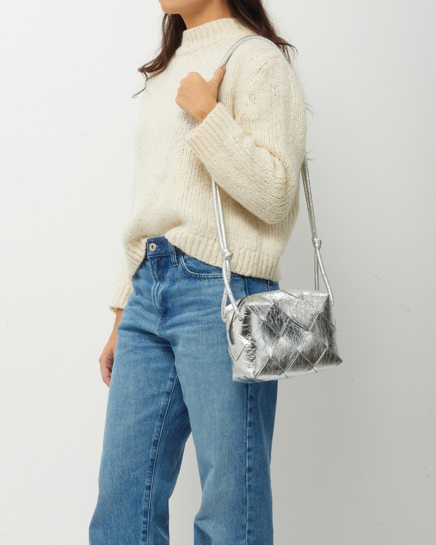 Bottega Veneta Metallic Silver Leather Intrecciato Small Loop Bag
