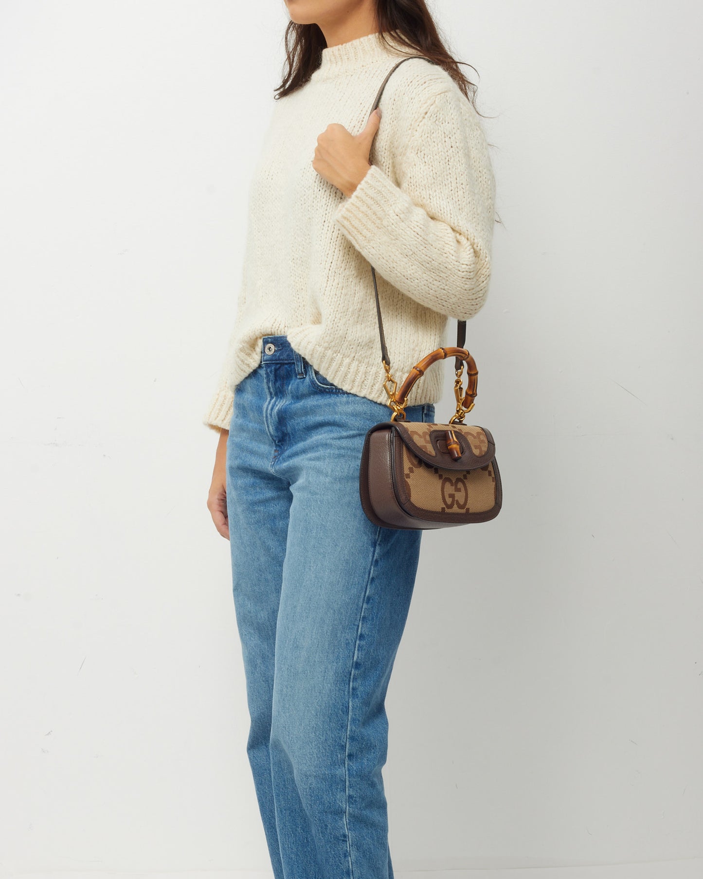 Gucci Beige Jumbo GG Canvas Mini Bamboo Top Handle Bag W/ Web Strap