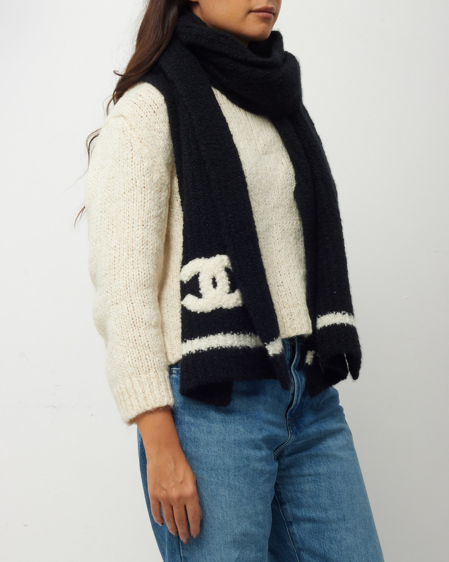 Chanel Black and White Cashmere Wool CC Logo Scarf