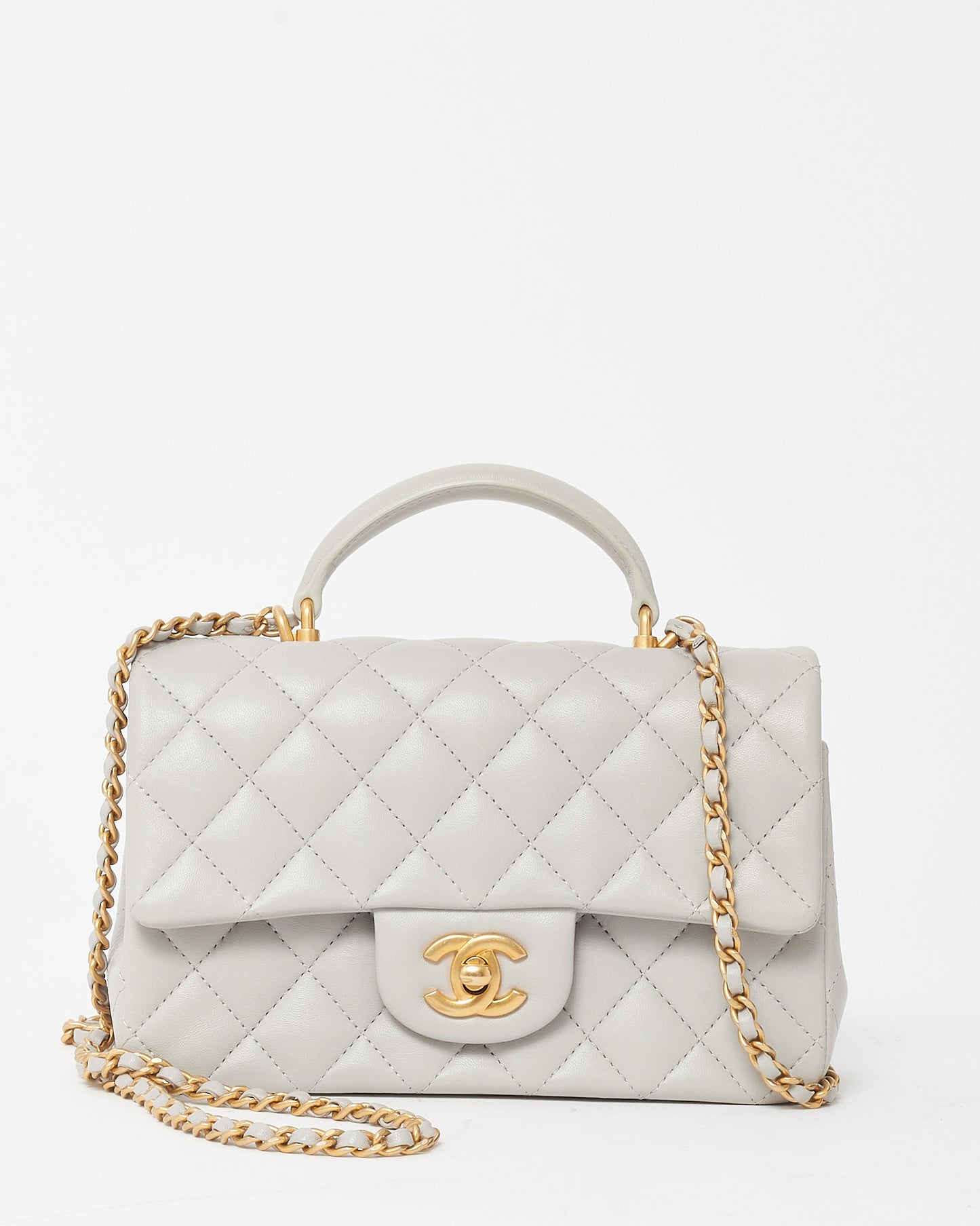 Chanel Light Grey Lambskin Leather Mini Top Handle Flap Bag GHW