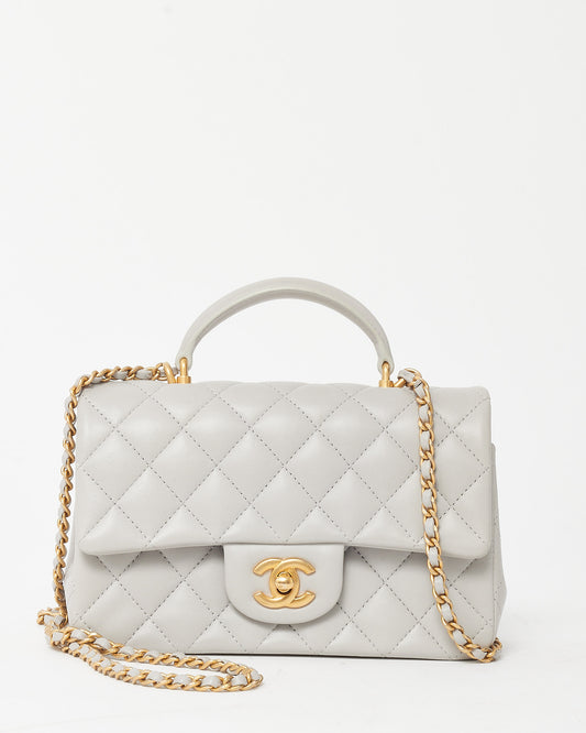 Chanel Light Grey Lambskin Leather Mini Top Handle Flap Bag GHW