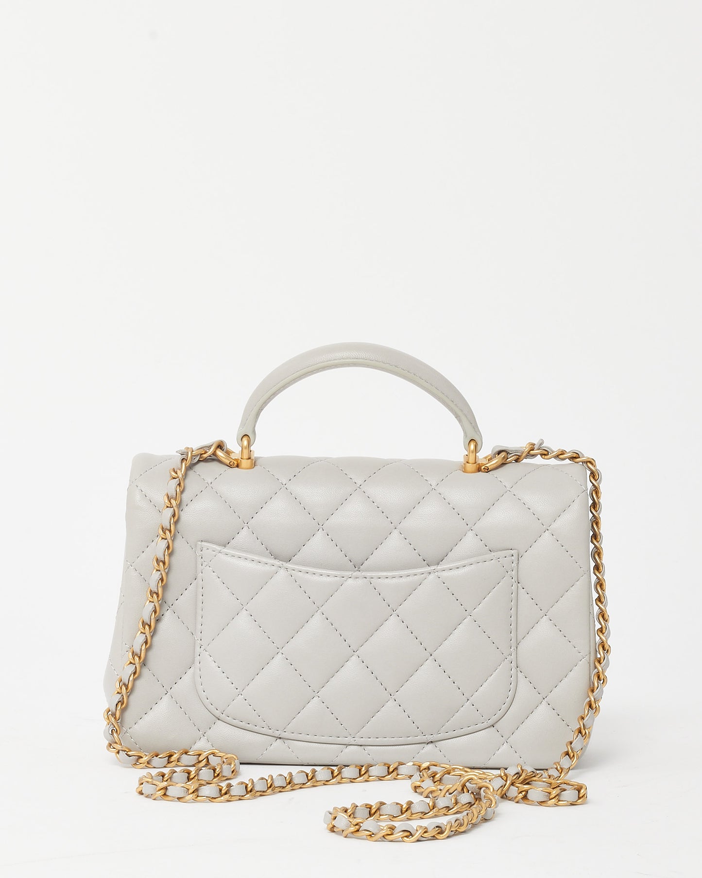 Chanel Light Grey Lambskin Leather Mini Top Handle Flap Bag GHW