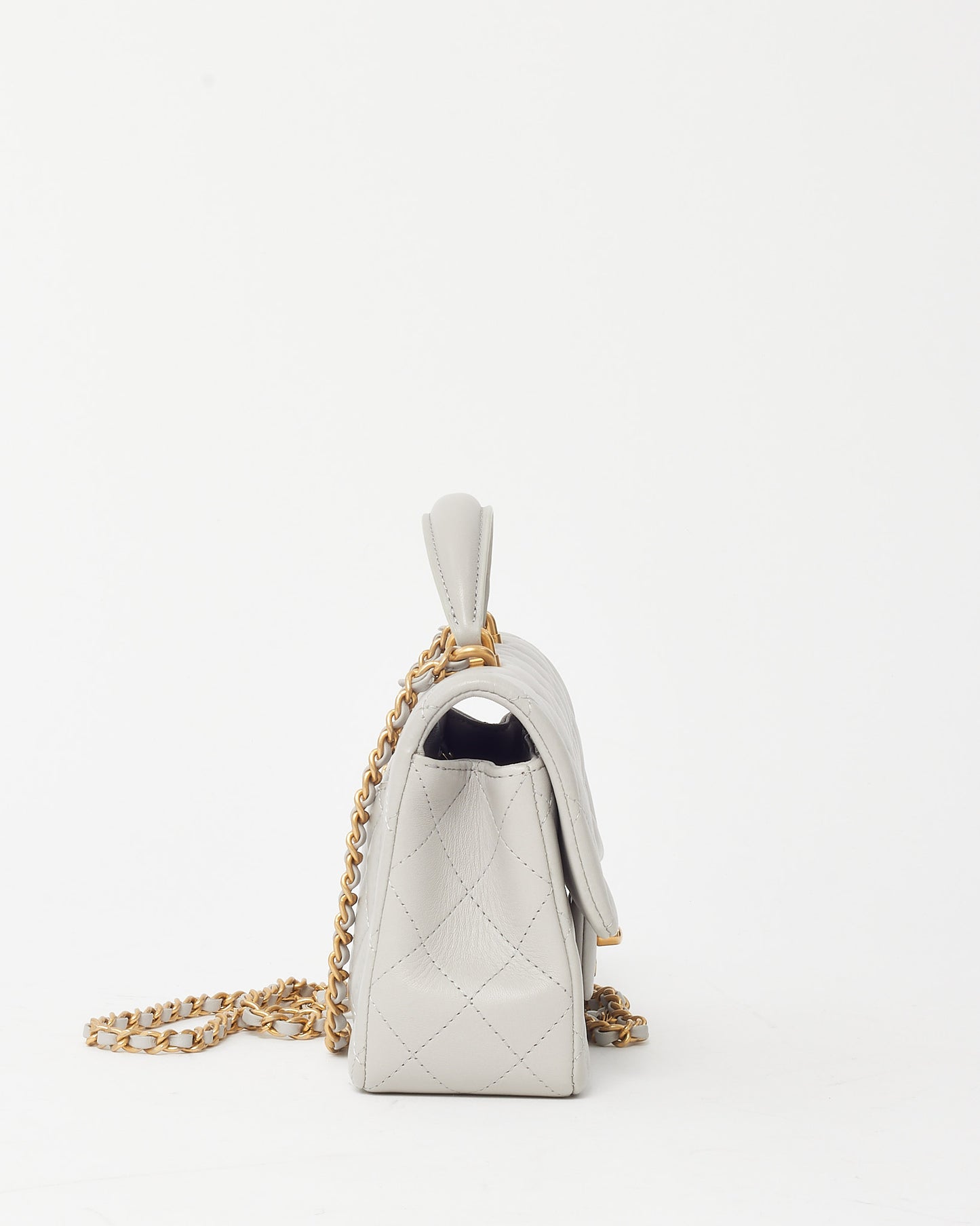 Chanel Light Grey Lambskin Leather Mini Top Handle Flap Bag GHW