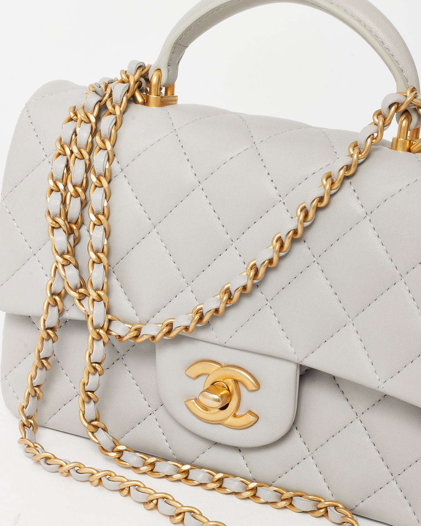 Chanel Light Grey Lambskin Leather Mini Top Handle Flap Bag GHW