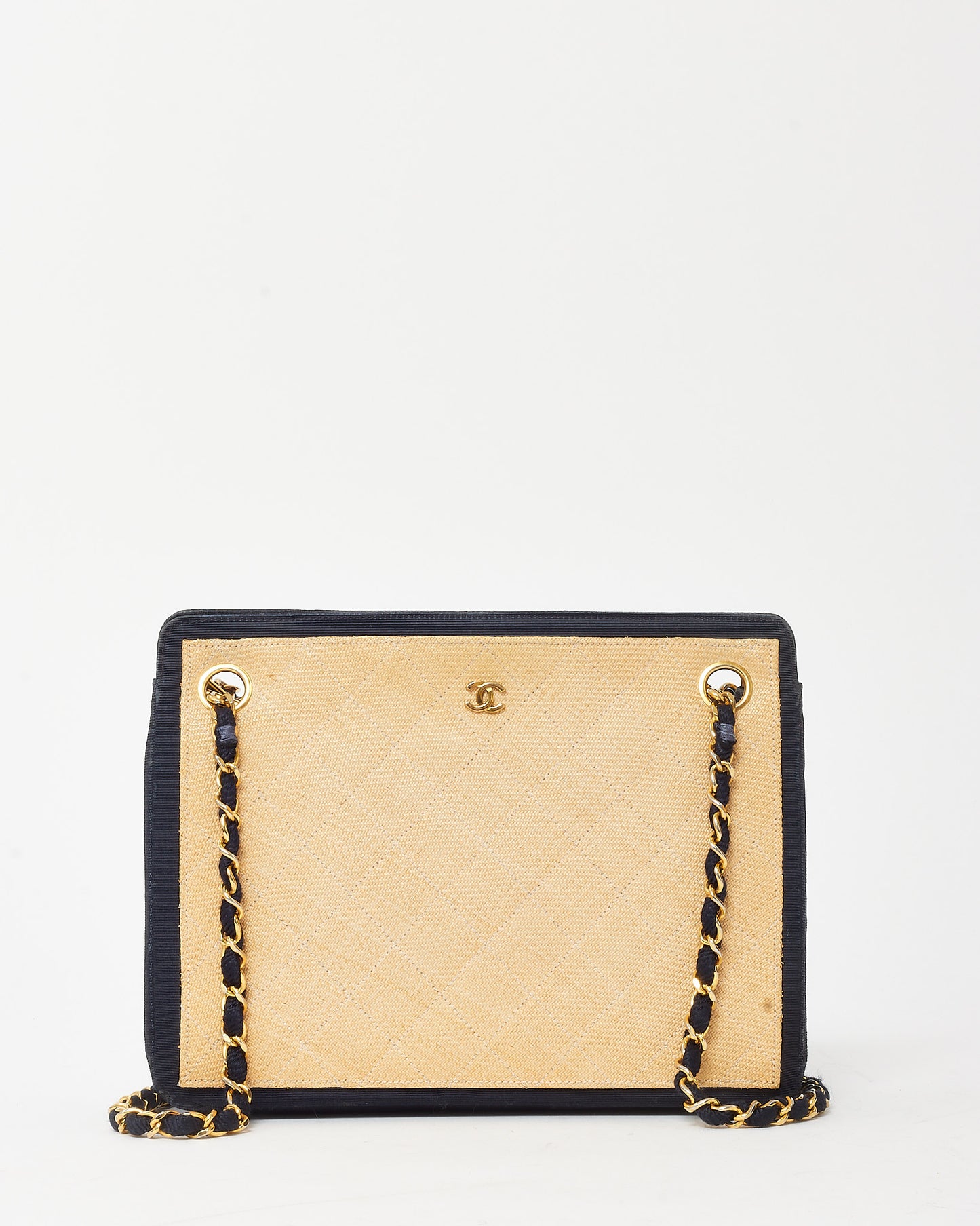 Chanel Vintage Beige and Black Quilted Raffia Chain Shoulder Bag