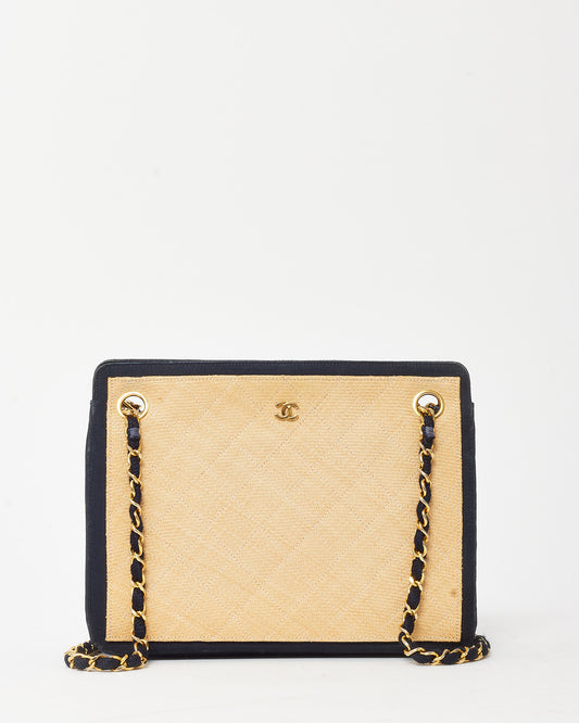 Chanel Vintage Beige and Black Quilted Raffia Chain Shoulder Bag
