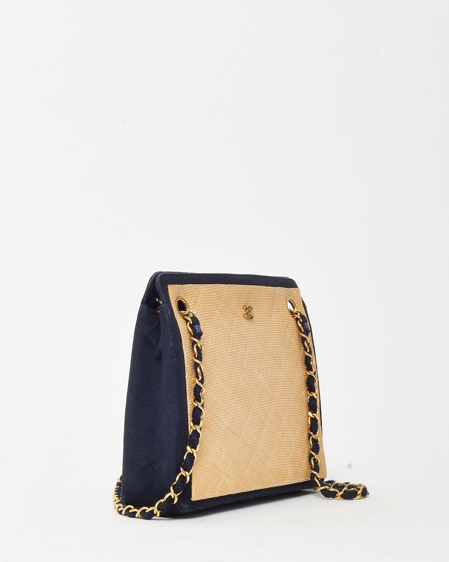 Chanel Vintage Beige and Black Quilted Raffia Chain Shoulder Bag