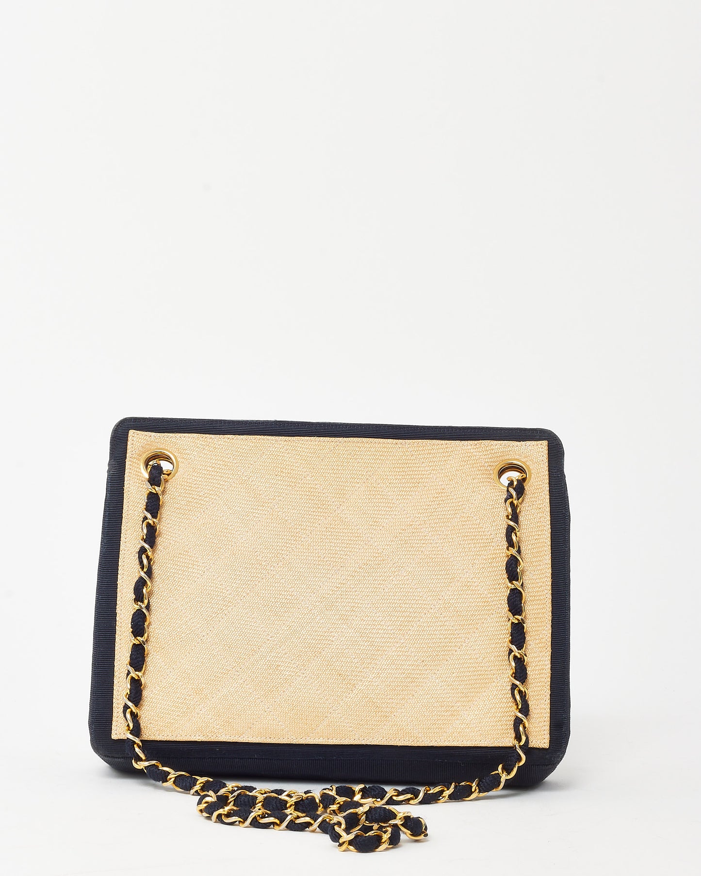 Chanel Vintage Beige and Black Quilted Raffia Chain Shoulder Bag