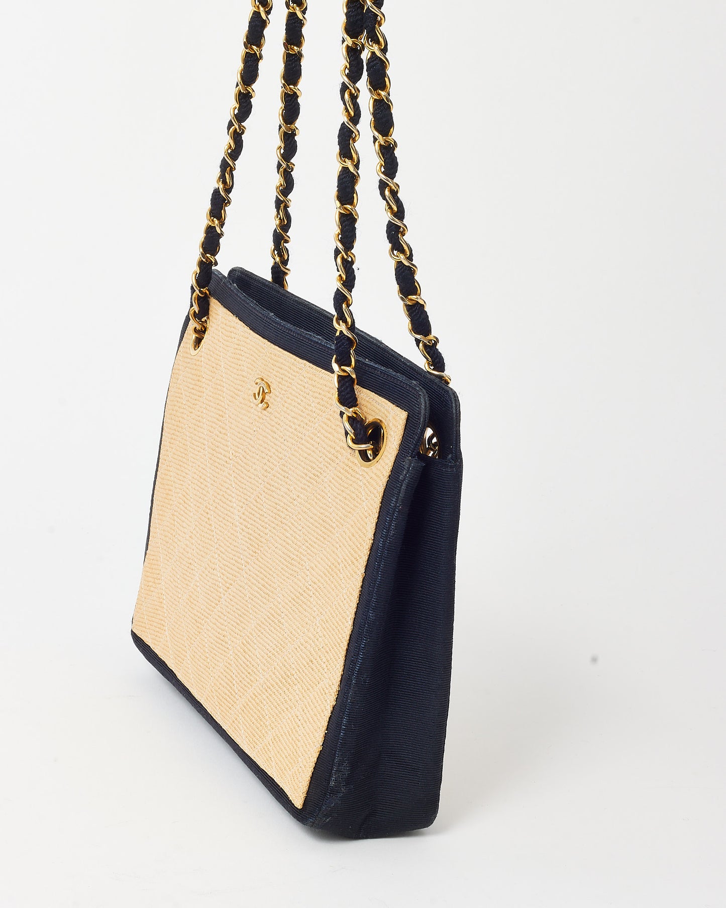 Chanel Vintage Beige and Black Quilted Raffia Chain Shoulder Bag