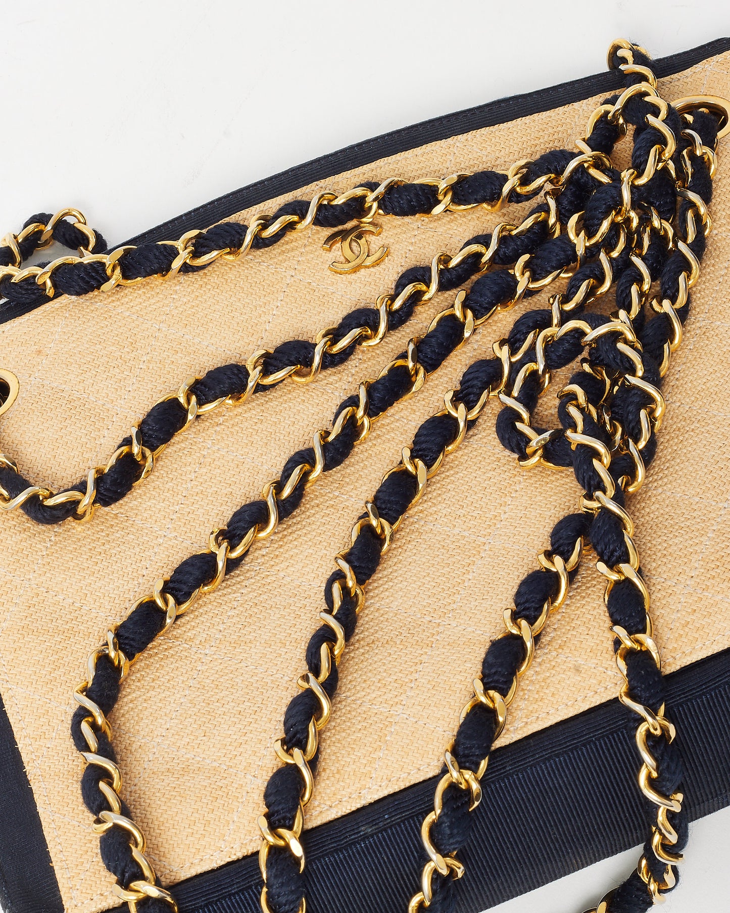 Chanel Vintage Beige and Black Quilted Raffia Chain Shoulder Bag