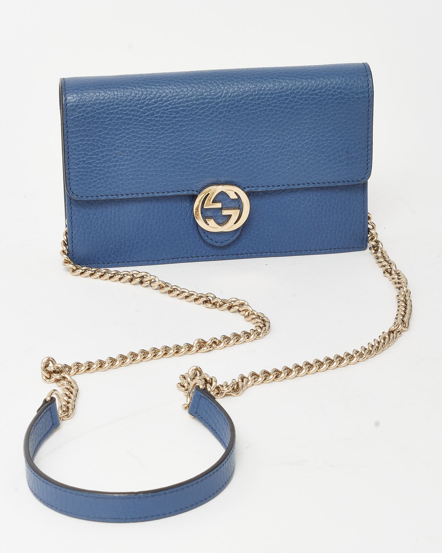 Gucci Navy Pebbled Leather Interlocking G Dollar Wallet-On-Chain WOC Crossbody Bag