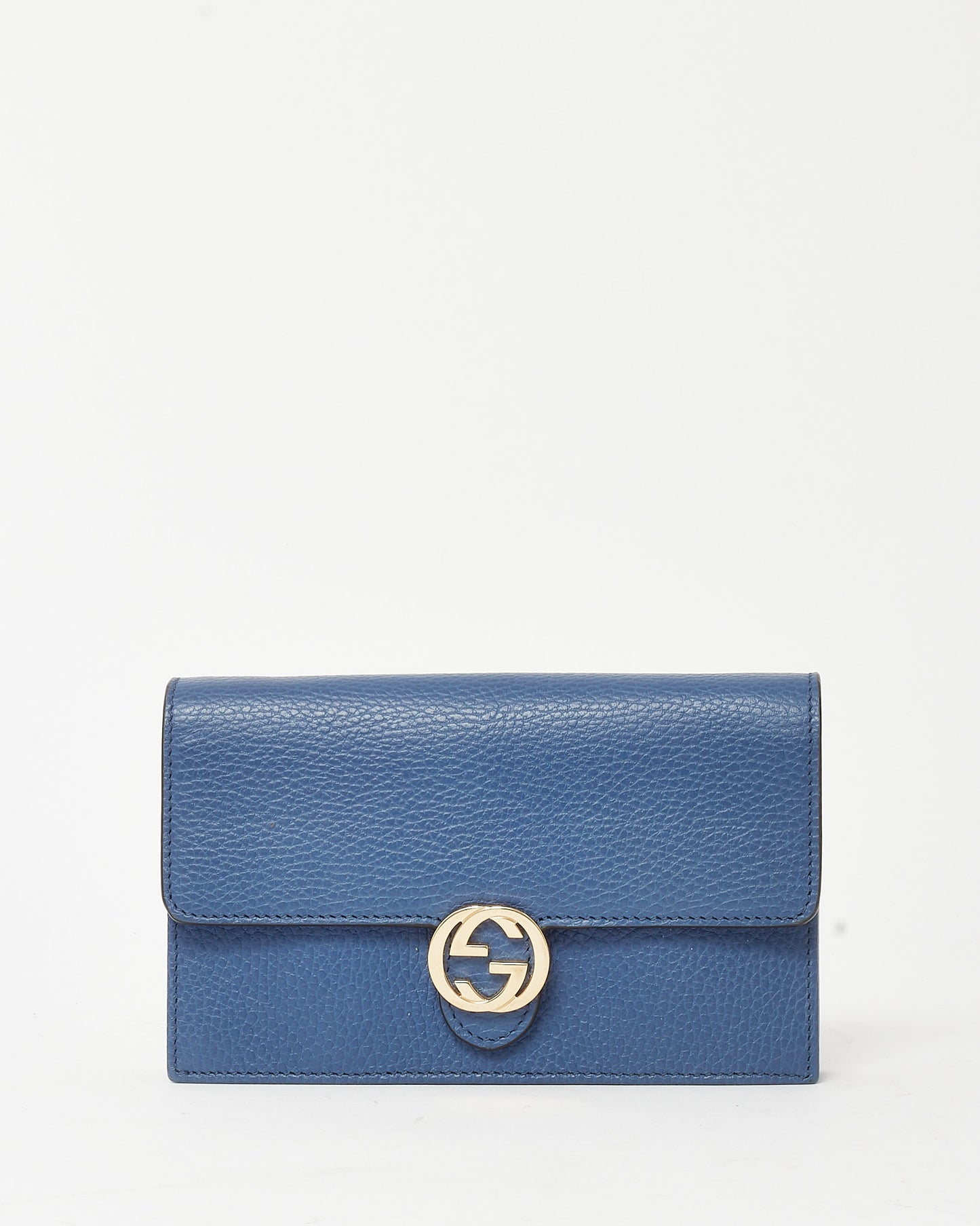Gucci Navy Pebbled Leather Interlocking G Dollar Wallet-On-Chain WOC Crossbody Bag