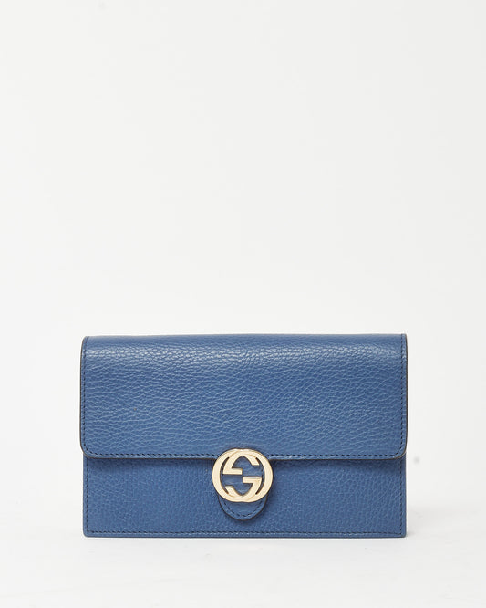 Gucci Navy Pebbled Leather Interlocking G Dollar Wallet-On-Chain WOC Crossbody Bag