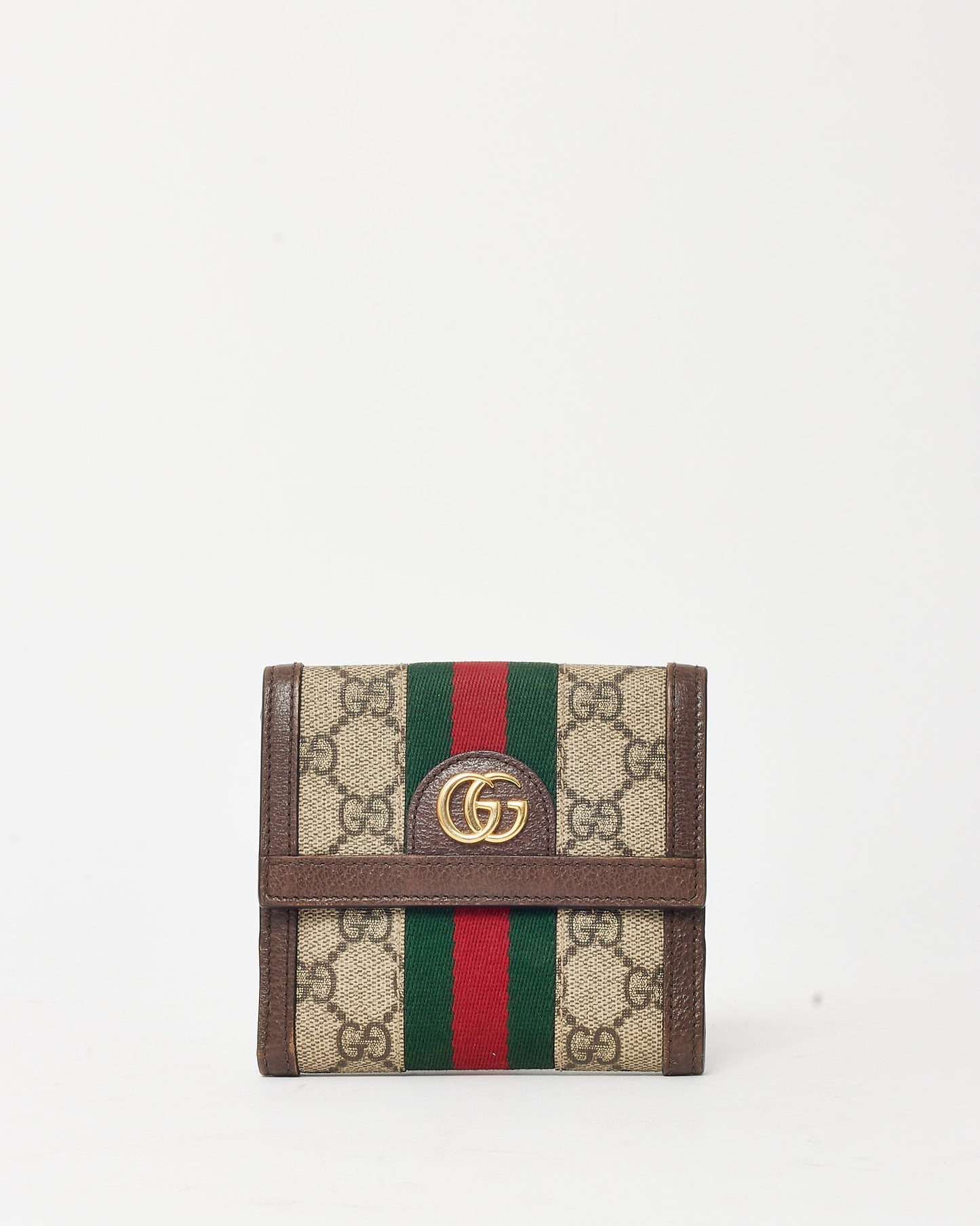 Gucci Brown Leather & GG Supreme Canvas Ophidia French Flap Wallet