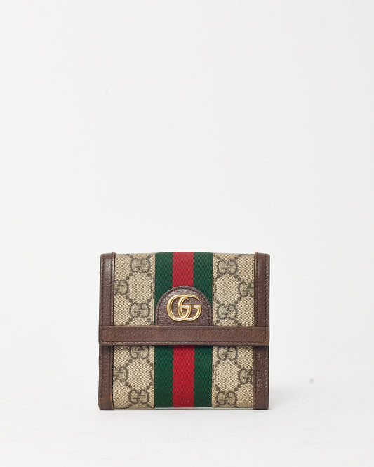 Gucci Brown Leather & GG Supreme Canvas Ophidia French Flap Wallet
