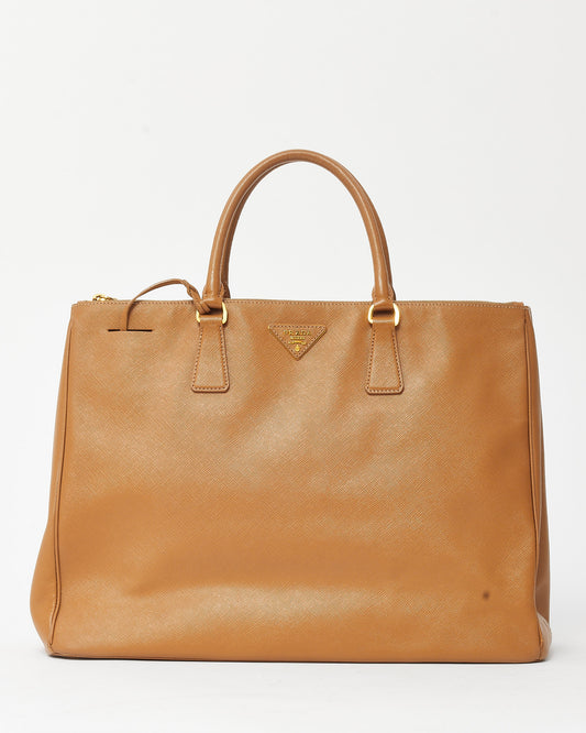 Prada Tan Caramel Saffiano Leather Large Double Zip Galleria Tote Bag