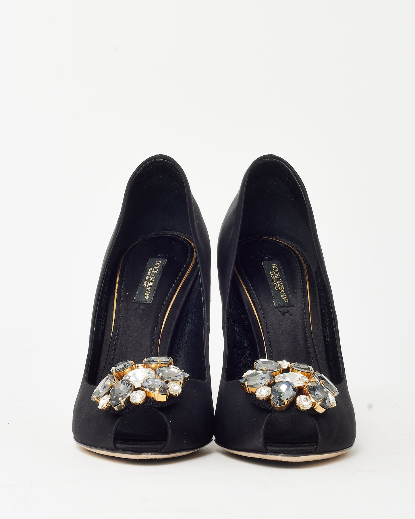 Dolce & Gabbana Black Satin Flower Crystal Embellished Peep Toe Pumps - 38