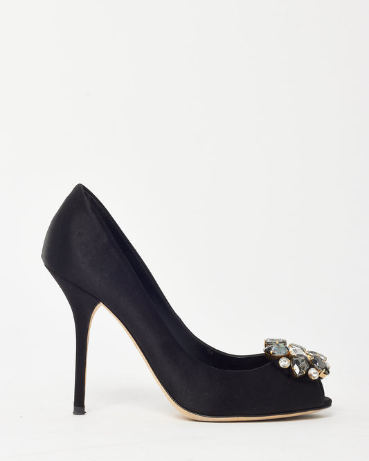 Dolce & Gabbana Black Satin Flower Crystal Embellished Peep Toe Pumps - 38