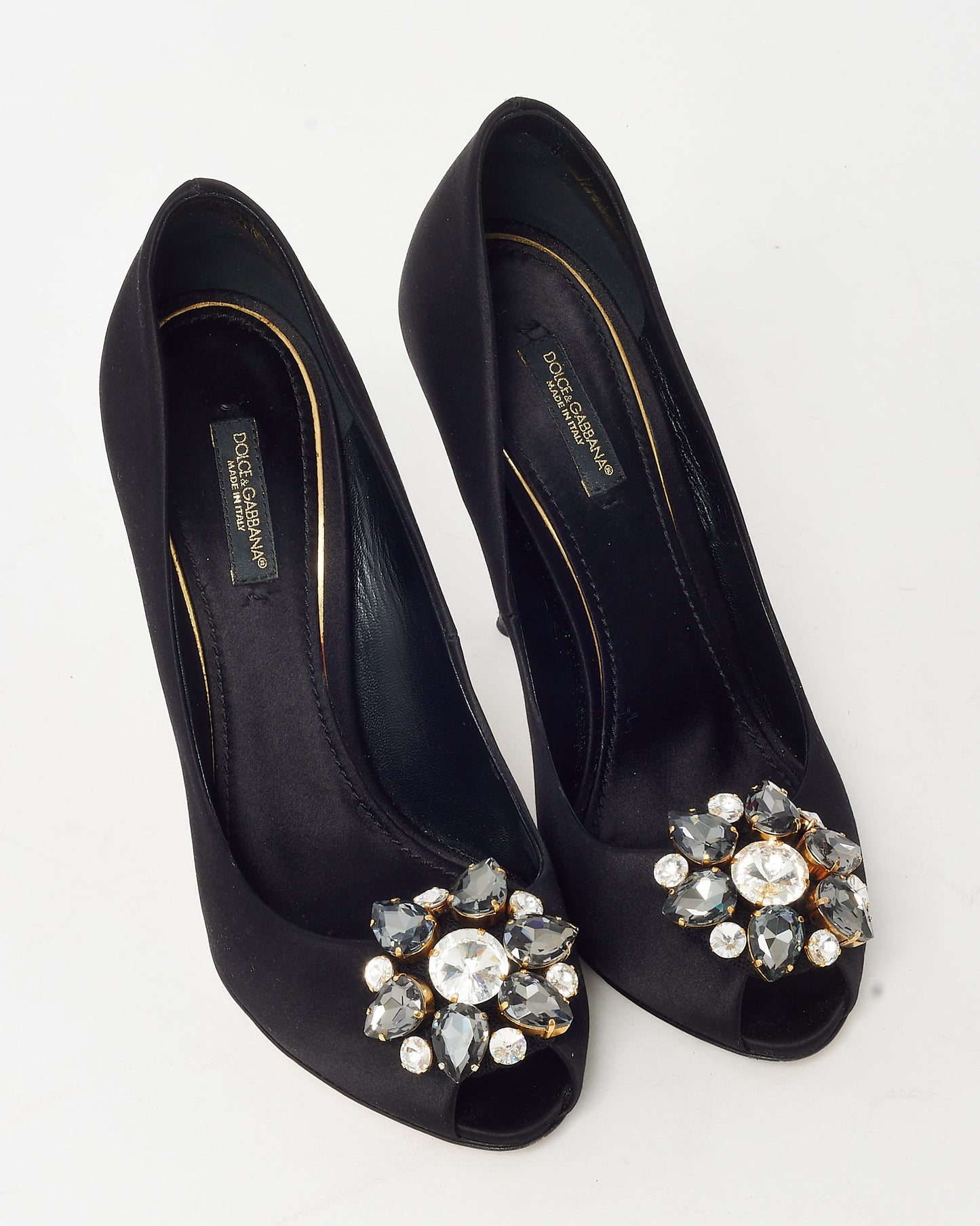 Dolce & Gabbana Black Satin Flower Crystal Embellished Peep Toe Pumps - 38