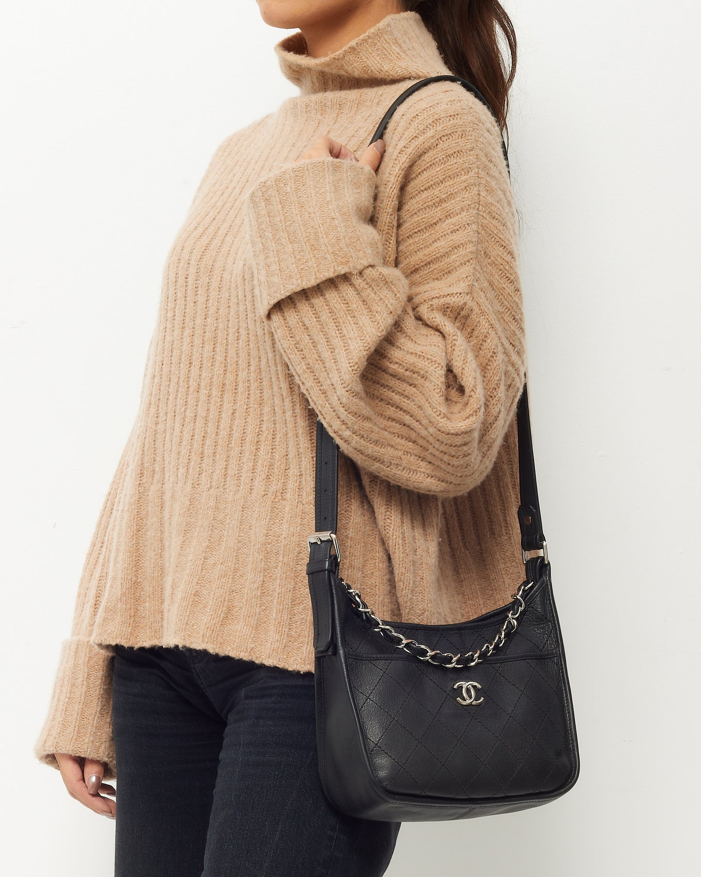 Chanel Black Calfskin Quilted Leather Small Jungle Stroll Hobo Chain Shoulder Bag SHW