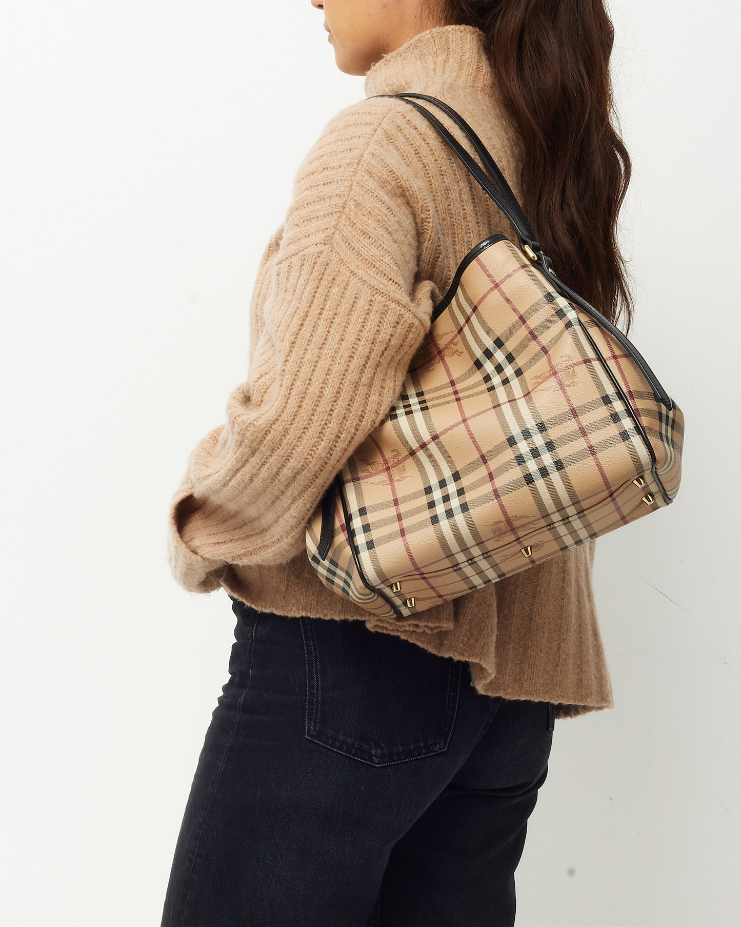 Burberry Black Leather and Beige Haymarket Check Coated Canvas Canterbury Shoulder Bag